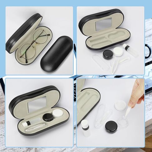 2 in 1 Contact Lens Case and Glasses Case - Double Sided Portable Contact Lens Case and Eyeglasses Case with Mirror,Tweezer and Contact Lens Solution Bottle,Storage Kit for Travel (Black) in Saudi Arabia