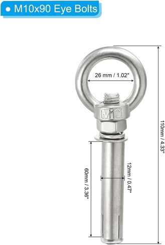 PATIKIL Expansion Eye Bolt M10x90mm, 2 Pack 304 Stainless Steel Shoulder Anchors Eyebolt Screw with Eye Ring for Concrete Brick Walls Canopy Engineering Rigging Silver in Saudi Arabia