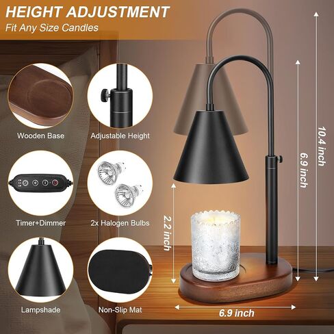 Candle Warmer Lamp with Timer, Adjustable Height Dimmable Lamp Candle Warmer, Vintage Candle Lamp Warmer with Solid Wood Base, Fits All Size Jar Candles (Include 2 Bulbs) in Saudi Arabia
