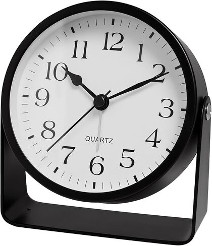 Analog Alarm Clock - 4.5" Silent Non Ticking Small Clock with Light, Rotatable Stand Metal Desk Clock Battery Operated, Simple Design for Living Room Decor/ Bedroom/Bedside/Shelf (Black-Arabic) in Kuwait