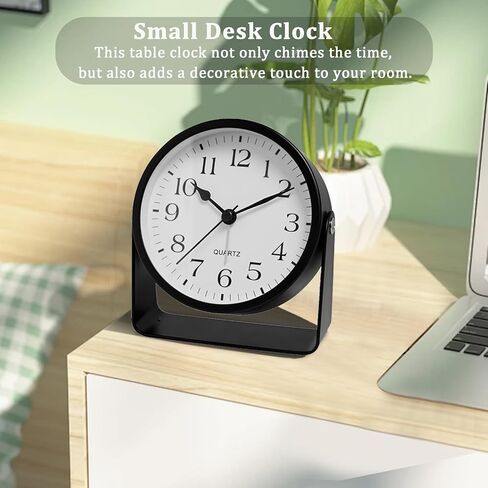 Analog Alarm Clock - 4.5" Silent Non Ticking Small Clock with Light, Rotatable Stand Metal Desk Clock Battery Operated, Simple Design for Living Room Decor/ Bedroom/Bedside/Shelf (Black-Arabic) in Kuwait