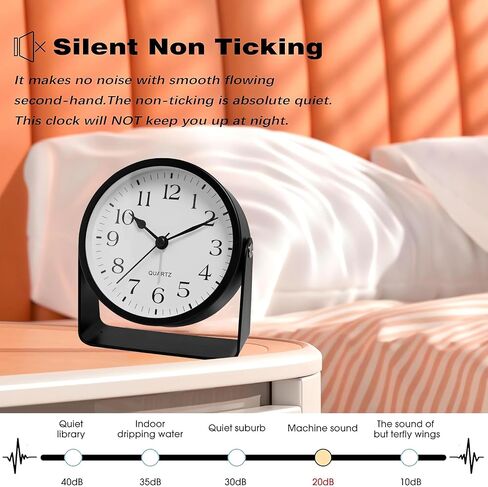 Analog Alarm Clock - 4.5" Silent Non Ticking Small Clock with Light, Rotatable Stand Metal Desk Clock Battery Operated, Simple Design for Living Room Decor/ Bedroom/Bedside/Shelf (Black-Arabic) in Kuwait