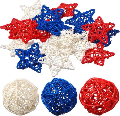 21 Pcs 4th of July Rattan Wicker Ball Decoration Rattan Balls Star Patriotic Ball Star Shaped Decorations Red White Blue Vase Bowl Fillers for Home Decor Independence Day Woven Decorative Balls in Saudi Arabia