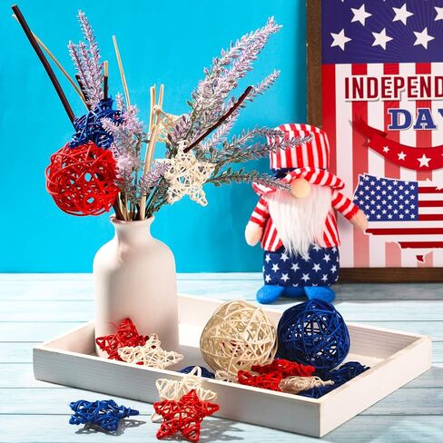 21 Pcs 4th of July Rattan Wicker Ball Decoration Rattan Balls Star Patriotic Ball Star Shaped Decorations Red White Blue Vase Bowl Fillers for Home Decor Independence Day Woven Decorative Balls in Saudi Arabia