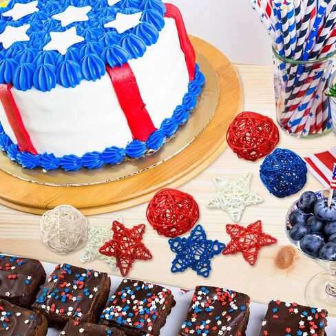 21 Pcs 4th of July Rattan Wicker Ball Decoration Rattan Balls Star Patriotic Ball Star Shaped Decorations Red White Blue Vase Bowl Fillers for Home Decor Independence Day Woven Decorative Balls in Saudi Arabia