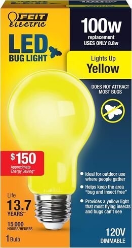 مصباح LED خارجي A19 من Feit Electric، ما يعادل 60 واط، لمبة إضاءة LED غير خافتة، قاعدة متوسطة E26، 120 فولت، عمر 22 عامًا، أصفر، حزمة من 1، A19/BUG/LED/BX in Kuwait