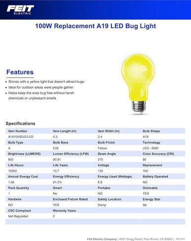 مصباح LED خارجي A19 من Feit Electric، ما يعادل 60 واط، لمبة إضاءة LED غير خافتة، قاعدة متوسطة E26، 120 فولت، عمر 22 عامًا، أصفر، حزمة من 1، A19/BUG/LED/BX in Kuwait