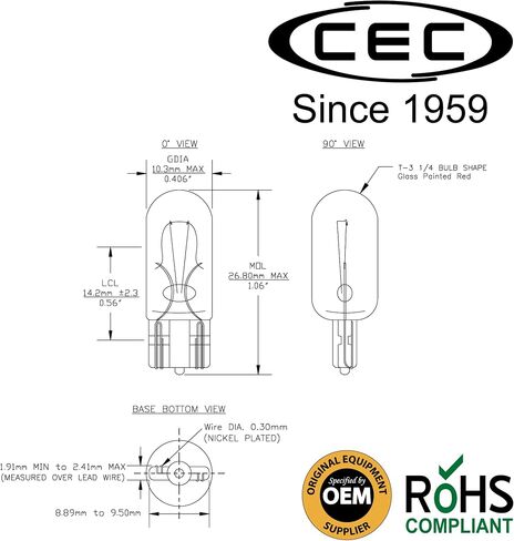 CEC Industries 194 Light Bulb 14V, 3.78W, T3.25 Shape, C-2F Filament, Glass Wedge (10-Pack) in Saudi Arabia