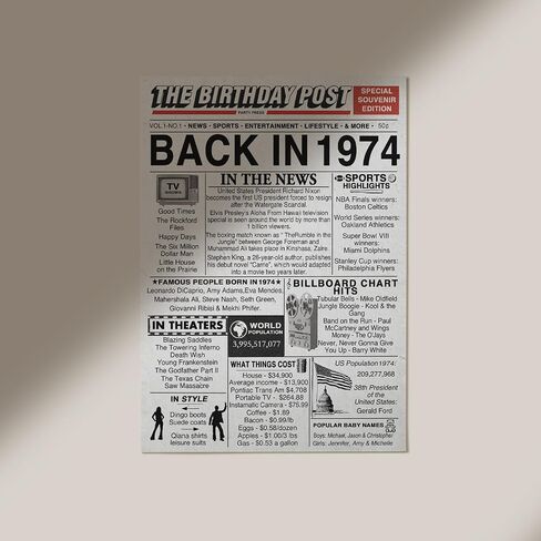 ملصق عيد الميلاد الخمسين غير مؤطر - مرة أخرى في صحيفة عام 1974 - هدايا عيد ميلاد سعيد الخمسين للرجال والنساء خمر ريترو ولد في عام 1974، 8 × 10 بوصة ديكور حفلات عيد الميلاد الخمسين in Kuwait