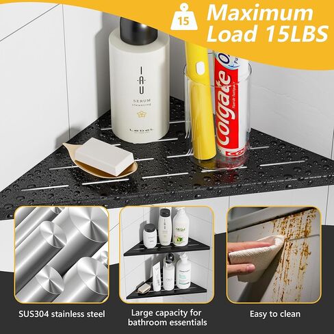 Neodrain 10 بوصة مجموعة أرفف حائط الزاوية الذهبية مكونة من 2، أرفف زاوية عائمة للجدار، 304 أرفف تخزين جدارية من الفولاذ المقاوم للصدأ للحمام، بدون حفر in Saudi Arabia