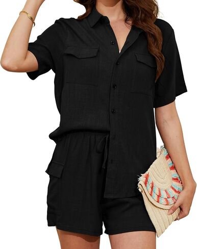 Women's 2 Piece Casual Summer Sets Short Sleeve Button Down Shirts and Shorts Sets All Black X-Small in Saudi Arabia