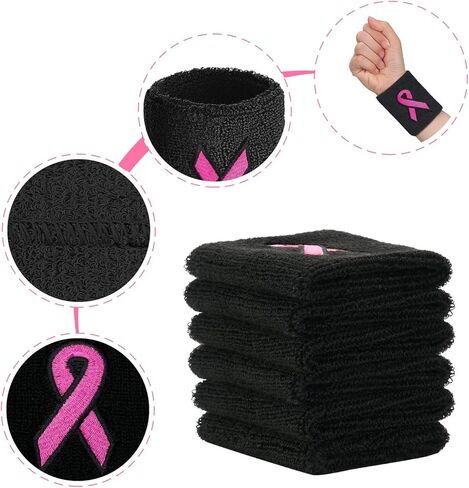 12 Pack Breast Cancer Awareness Wristbands Bulk Pink Ribbon Sweatbands for Boys Men and Women, Basketball Baseball Running and Supporting breast Cancer Awareness Month (Black) in Saudi Arabia
