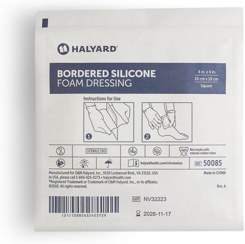 HALYARD* Multi-Layer Bordered Silicone Foam Dressing, Gentle Adhesive with Superabsorbent Core, Conformable & Breathable Water Resistant Protective Film Backing, 4"x4" (Box of 10) in Saudi Arabia