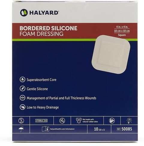 HALYARD* Multi-Layer Bordered Silicone Foam Dressing, Gentle Adhesive with Superabsorbent Core, Conformable & Breathable Water Resistant Protective Film Backing, 4"x4" (Box of 10) in Saudi Arabia
