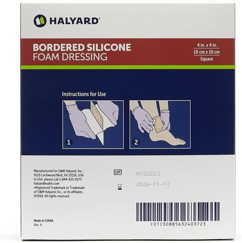 HALYARD* Multi-Layer Bordered Silicone Foam Dressing, Gentle Adhesive with Superabsorbent Core, Conformable & Breathable Water Resistant Protective Film Backing, 4"x4" (Box of 10) in Saudi Arabia