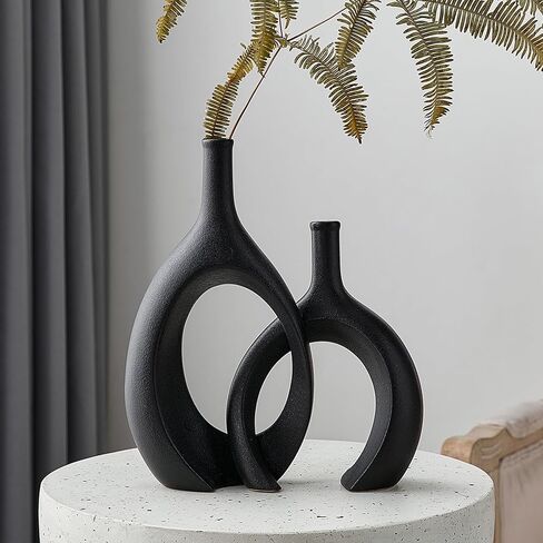 AWNR Ceramic Vase Home Decor: Set of 2 Black Vases for Flowers Centerpieces for Dining Table Unique Flower Vase for Living Room Bedroom Kitchen in Kuwait