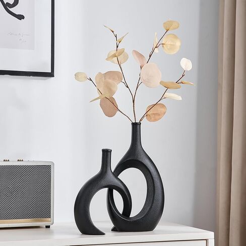 AWNR Ceramic Vase Home Decor: Set of 2 Black Vases for Flowers Centerpieces for Dining Table Unique Flower Vase for Living Room Bedroom Kitchen in Kuwait