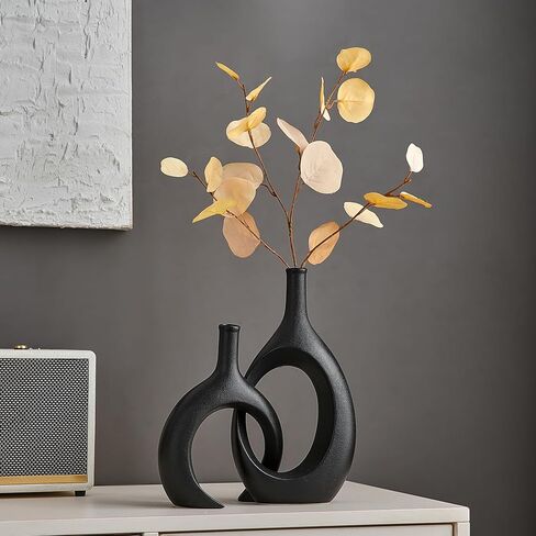 AWNR Ceramic Vase Home Decor: Set of 2 Black Vases for Flowers Centerpieces for Dining Table Unique Flower Vase for Living Room Bedroom Kitchen in Kuwait