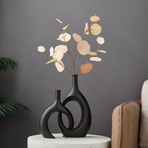 AWNR Ceramic Vase Home Decor: Set of 2 Black Vases for Flowers Centerpieces for Dining Table Unique Flower Vase for Living Room Bedroom Kitchen in Kuwait