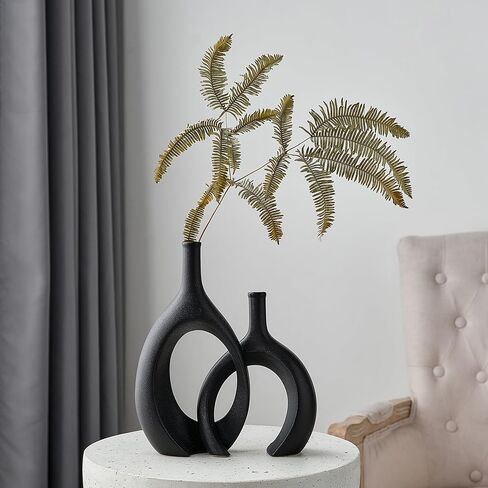 AWNR Ceramic Vase Home Decor: Set of 2 Black Vases for Flowers Centerpieces for Dining Table Unique Flower Vase for Living Room Bedroom Kitchen in Kuwait