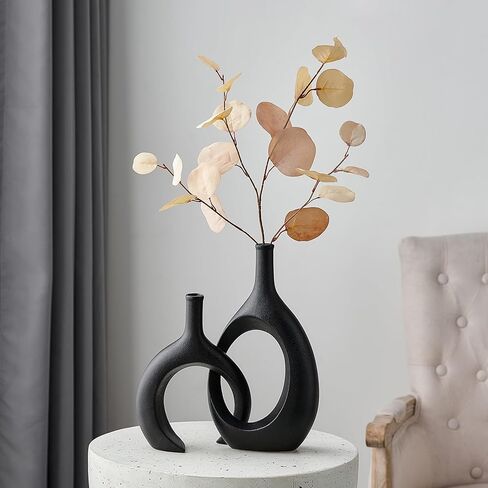 AWNR Ceramic Vase Home Decor: Set of 2 Black Vases for Flowers Centerpieces for Dining Table Unique Flower Vase for Living Room Bedroom Kitchen in Kuwait