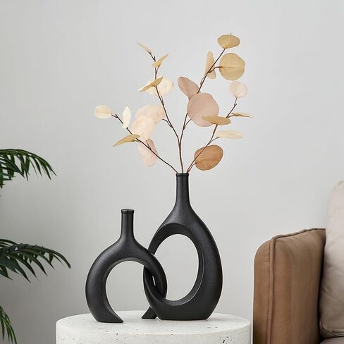 AWNR Ceramic Vase Home Decor: Set of 2 Black Vases for Flowers Centerpieces for Dining Table Unique Flower Vase for Living Room Bedroom Kitchen in Kuwait