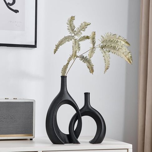 AWNR Ceramic Vase Home Decor: Set of 2 Black Vases for Flowers Centerpieces for Dining Table Unique Flower Vase for Living Room Bedroom Kitchen in Kuwait