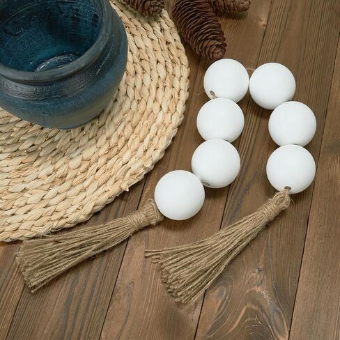 OMISHE Extra Large Wood Bead Garland with 2" Diameter Wooden Beads, 25.5" Long Rustic Farmhouse Wooden Beads Garland with Tassels, Decorative Beads Boho Decorations for Home Table Mantle Natural Beige in Kuwait