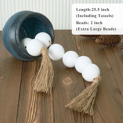 OMISHE Extra Large Wood Bead Garland with 2" Diameter Wooden Beads, 25.5" Long Rustic Farmhouse Wooden Beads Garland with Tassels, Decorative Beads Boho Decorations for Home Table Mantle Natural Beige in Kuwait