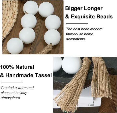 OMISHE Extra Large Wood Bead Garland with 2" Diameter Wooden Beads, 25.5" Long Rustic Farmhouse Wooden Beads Garland with Tassels, Decorative Beads Boho Decorations for Home Table Mantle Natural Beige in Kuwait
