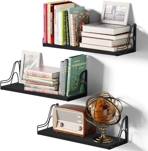 SRIWATANA Floating Shelves Wall Mounted Set of 3, Storage and Decorative Wood Shelf for Bathroom, Bedroom, Living Room, Kitchen, Laundry Room (Black - Red) in Saudi Arabia