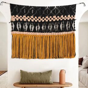 IOWER Macrame Wall Hanging Black Woven Macrame Wall Decor Boho Wall Decor Handmade Home Room Decor 47" W*35" L