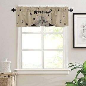 Curtain Valances for Windows, Welcome Cute Cartoon Cat Vintage Cat Paws Rod Pocket Valance Window Treatments Short Curtains for Kitchen Bathroom Living Room 54 x 18 Inches, 1 Panel