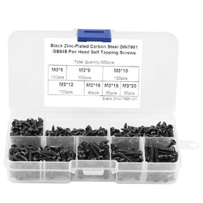 M3 Button Head Screws, 500Pcs M3 Cross Drive Button Head Self-Tapping Screws Fastener Assortment Set with Plastic Box, Round Head Self Tapping Screw Combination Set(Carbon Steel)