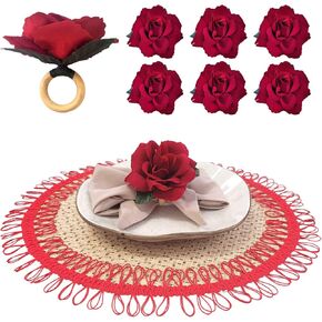 Maison Charlo | Set of 6 Red Colombiana Rose Flower Rosebud Napkin Rings | Mother's Day, Christmas, Patriot, Valentines, Wedding, Banquet, Christmas, Birthday, Thanksgiving