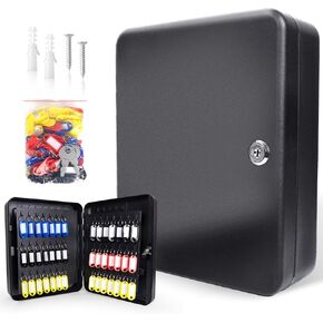 72 Position Key Cabinet with Combination Lock Wall Mount, Black Steel Locking Key Organizer Safe Security Storage Lockbox Holder for Valets, with Colorful Key Tag Labels Stickers and Hooks