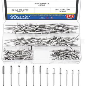 Glarks 160Pcs M3.2/M4/M4.8 Blind Rivets 304 Stainless Steel Pop Rivets Assortment Kit for Joining Metal Plate, Automotive, Instruments, Furniture