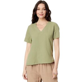 Double Layer Gauze Short Sleeve V-Neck Curve-Hem Blouse
