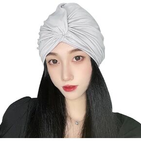 Women Swimming Cap Girl Bathing Knotted Cap Elastic Pleated Bead Swim Turban Retro Horn Beanie Long Short Hair No Waterproof