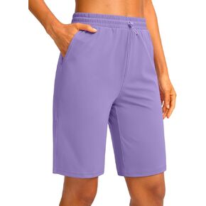 Soothfeel Bermuda Shorts for Women with Pockets 9 Inch Drawstring Athletic Knee Length Long Shorts for Casual Walking Summer