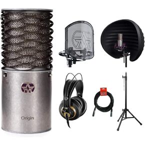 ميكروفون Astonmicrophones Origin Cardioid مع فلتر Aston Halo Reflection وSwiftShield Mic Shockmount وسماعات AKG K240 Pro وحامل ميكروفون وحزمة كابل XLR in Kuwait