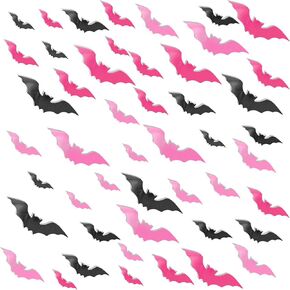 48Pcs Pink Halloween Bats Wall Decor, 3D Bats Halloween Decoration PVC Bats Wall Bat Stickers for Wall, Adhesive Bat Wall Decals Spooky Bats for Home Indoor, Halloween Wall Decor(Black Pink Rose)