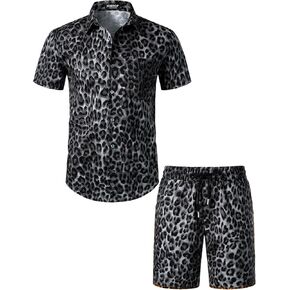Men's 2 Piece Casual Cotton Stretchy Outfit Short Sleeve Button up Shirt and Shorts Set