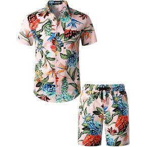 Men's 2 Piece Casual Cotton Stretchy Outfit Short Sleeve Button up Shirt and Shorts Set
