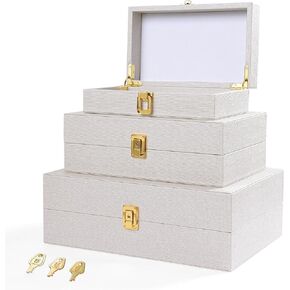 صندوق تزيين من أنميني مع غطاء قفل، مجموعة من 3 صناديق تخزين لتنظيم المجوهرات من الجلد الصناعي، صناديق تخزين تذكارية قابلة للقفل مع بطانة مخملية - بيج in Kuwait