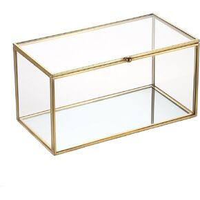 Hipiwe Gold Glass Box Vintage Decorative Box Rectangle Lidded Box Keepsake Shadow Box Sculpture DIY Mini Garden Box Jewelry Display Box for Wedding Card Trinket Photos Vanity Perfume, 8.3"x4.3"x4.3"