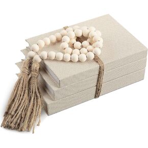 Linen Covered Decorative Books, Set of 3, Coffee Table Books Fabric Book Decor with Wooden Beaded Tassel Neutral Home Decor for Rustic Farmhouse Modern Shelves Tiered Tray