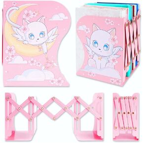 BelugaDesign Cat Moon Bookends | Anime Cute Magical Kawaii Pink Yellow White Pastel Clouds Cherry Blossoms Decorative Book Holder Stopper for Women Home Office Desk Bookshelf | Metal Hollow Decor