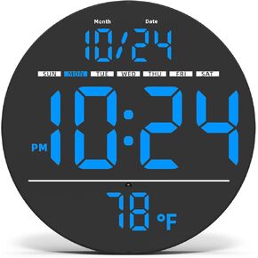 Digital Wall Clock with Large LED Display, Auto-Brightness, Temperature, Low-Reflectivity, Small Silent Non-Ticking Modern Electric Wall Clock for Bedroom, Living Room, Office, Classroom, Farmhouse