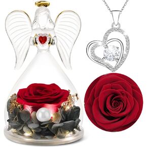 Yamonic for Grandma Mom Gifts, Angel Figurines with Rose Gifts Valentines Day Gifts for Her Mom Women, Preserved Real Rose for Mothers Day Anniversary Birthday Gifts for Her